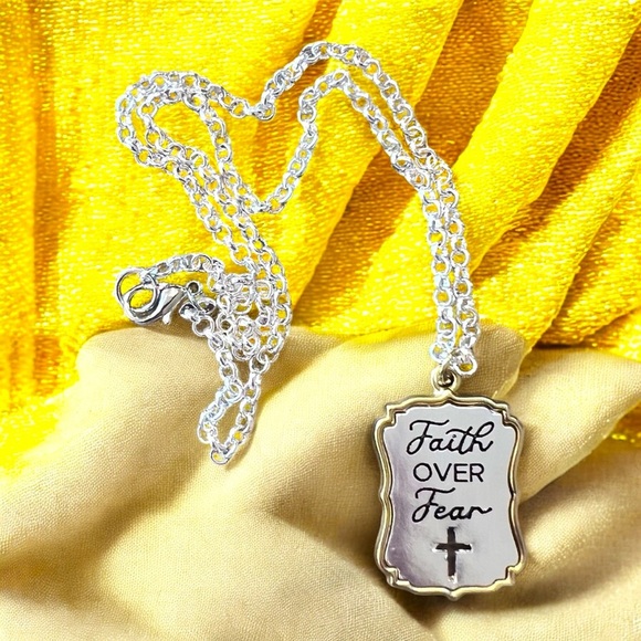 Silver and Gold Toned Pendant Necklace with Cross Detail “Faith Over Fear” - Picture 1 of 17